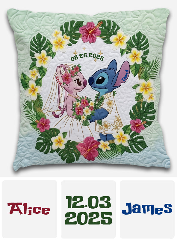 Adorable Blue & Pink Alien Couple - Personalized Ohana Throw Pillow
