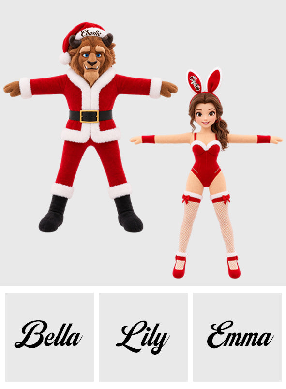 Naughty Christmas Bunny Girl & Furry Monster Couple - Personalized Beauty And The Beast Posable Plush Doll