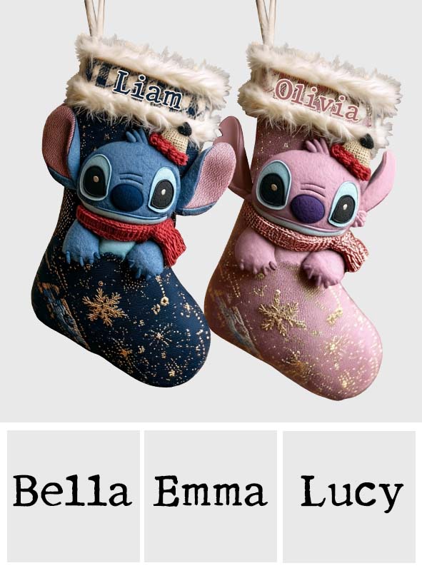 A Little Blue Alien Chaos - Personalized Ohana Shaped Christmas Stocking