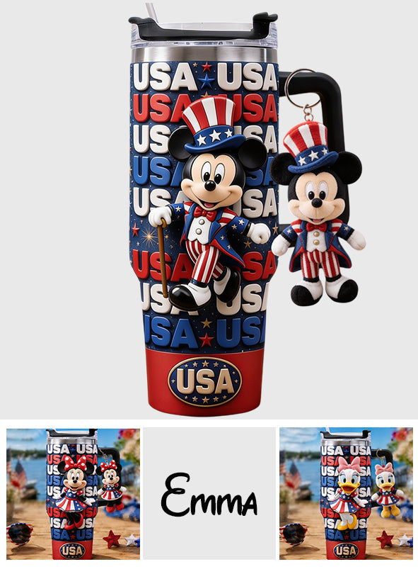 Cartoon Mouse USA Pride, 4th of July - Personalized Mouse Tumbler With Plush Charm