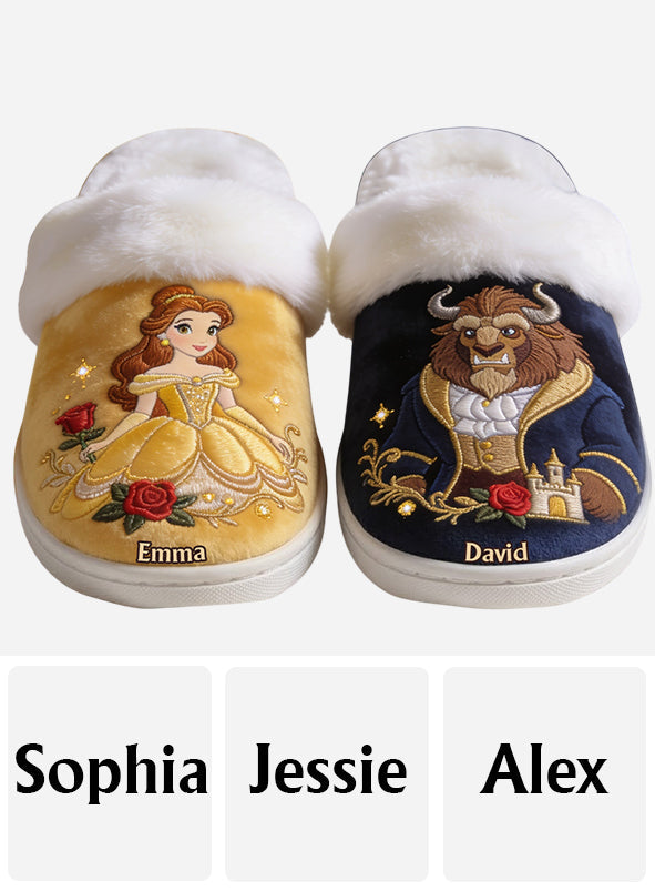 Fairy Tale Romantic - Personalized Beauty And The Beast Slippers With Fur Lining