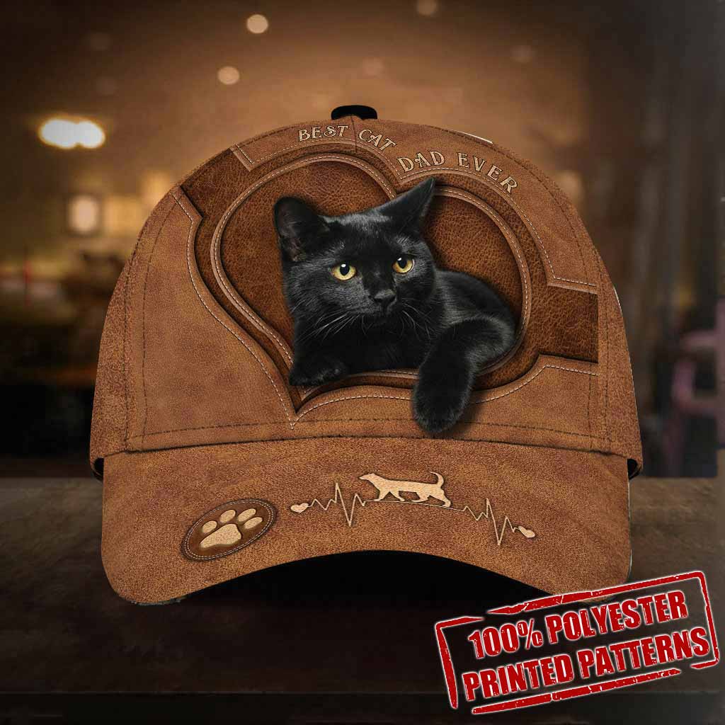 Best Cat Dad Ever - Black Cat Leather Pattern Print Cap