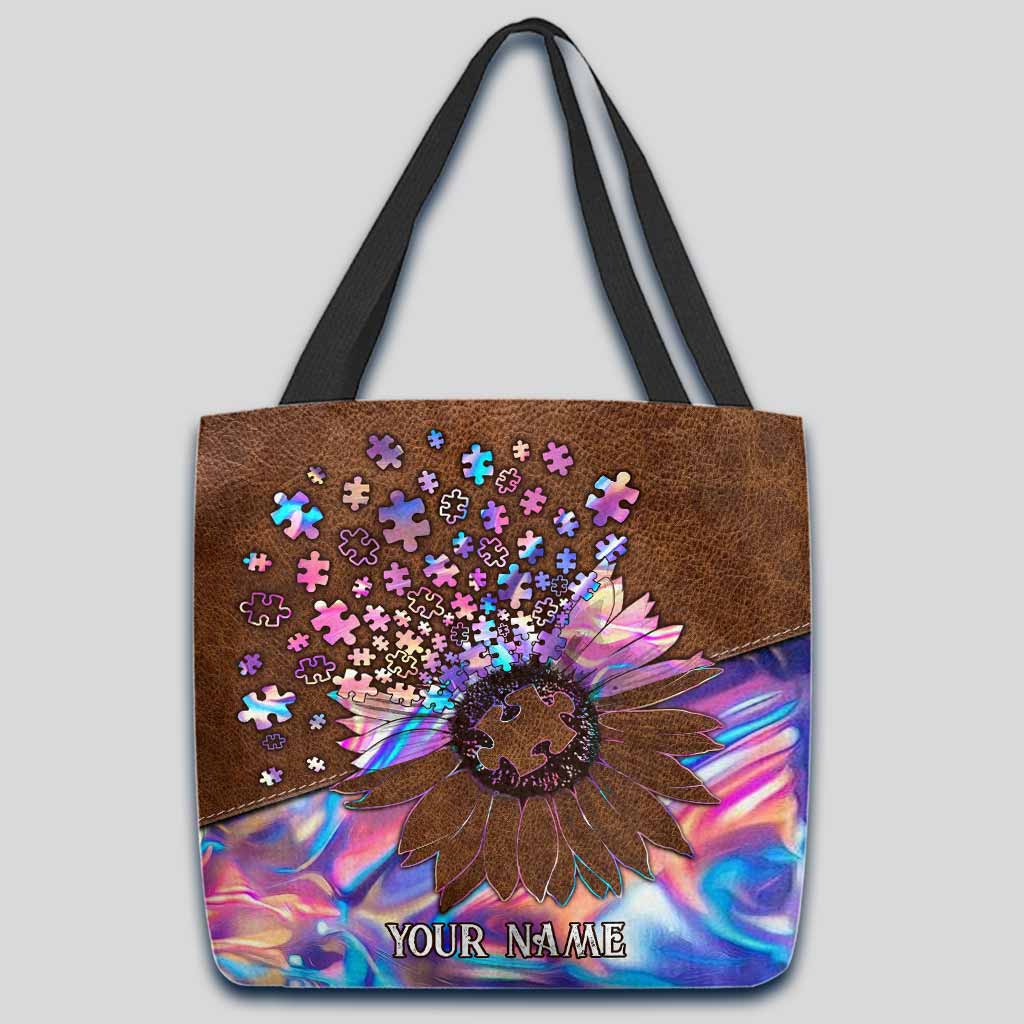 Accept Understand Love Puzzles Sunflower Hologram - Autism Awareness Personalized Tote Bag