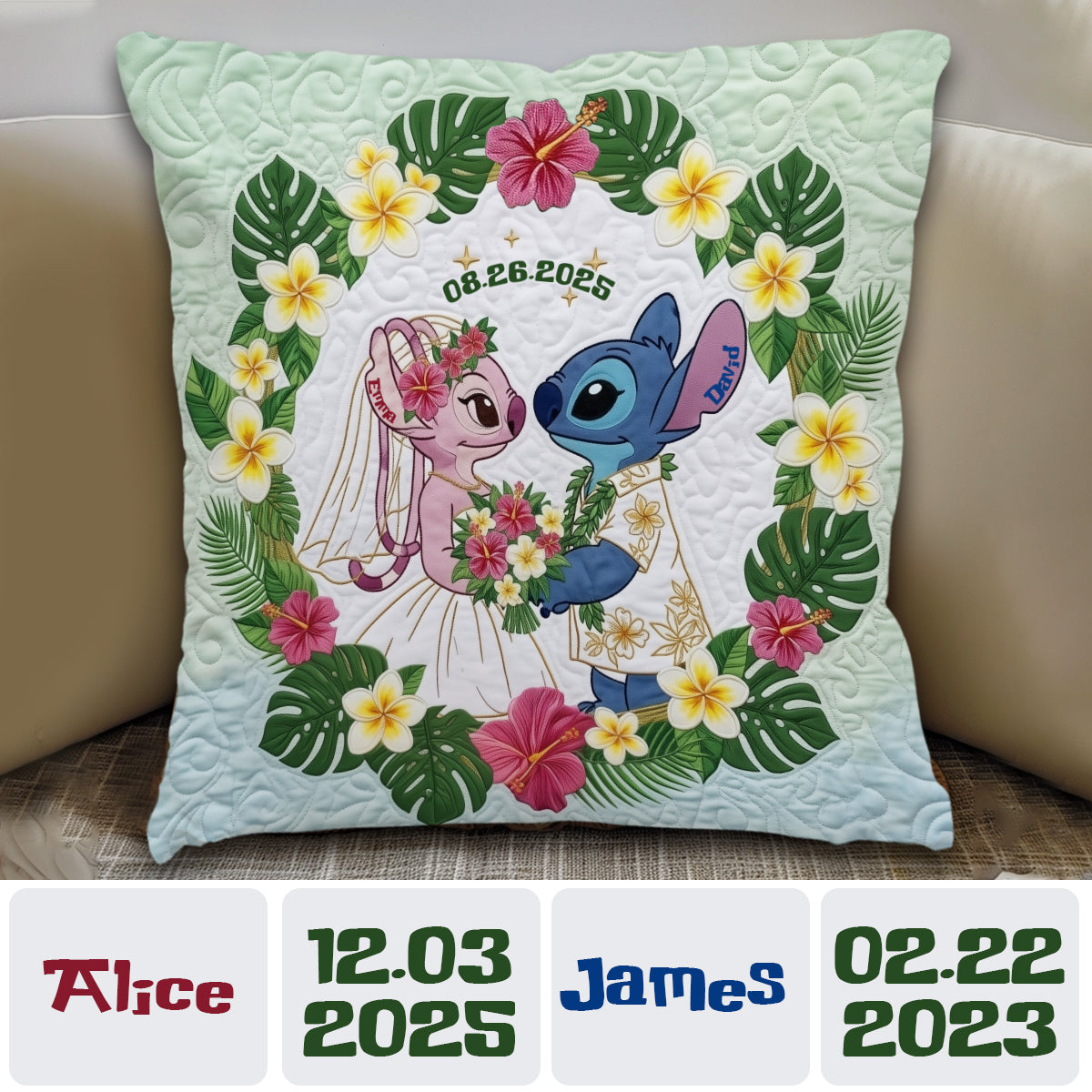 Adorable Blue & Pink Alien Couple - Personalized Ohana Throw Pillow