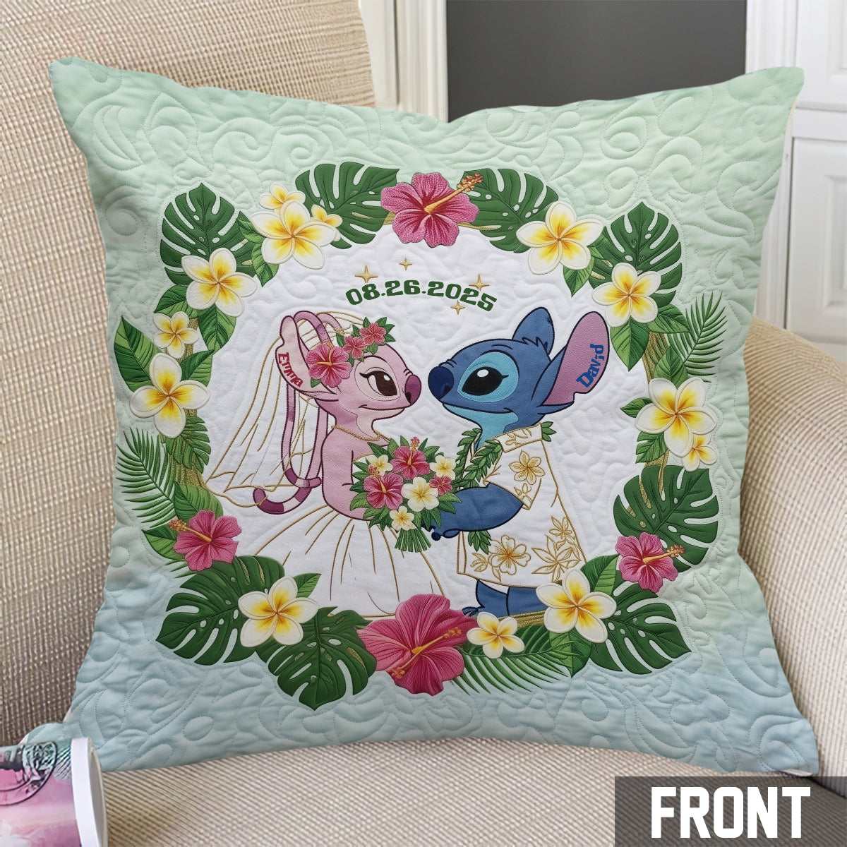 Adorable Blue & Pink Alien Couple - Personalized Ohana Throw Pillow
