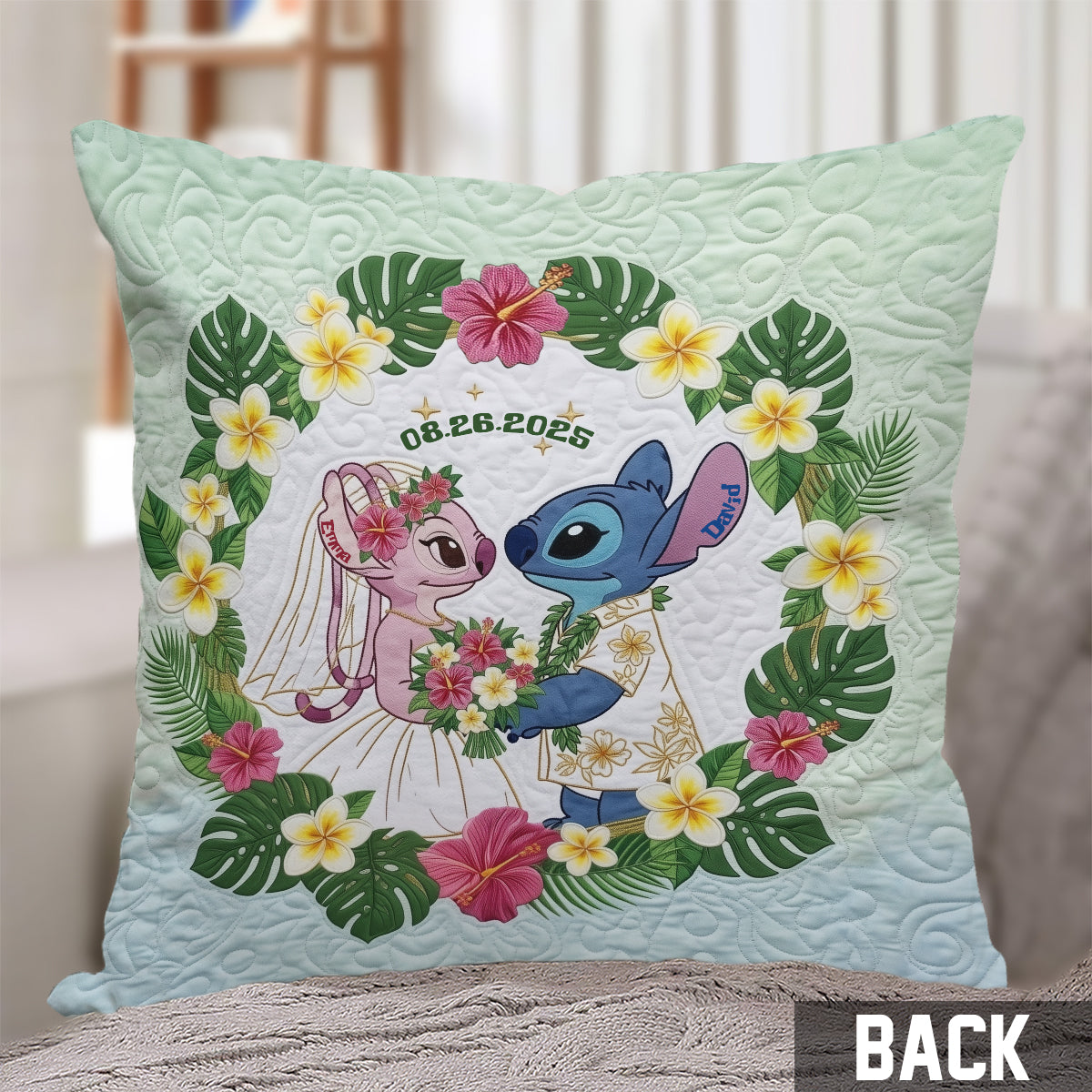 Adorable Blue & Pink Alien Couple - Personalized Ohana Throw Pillow