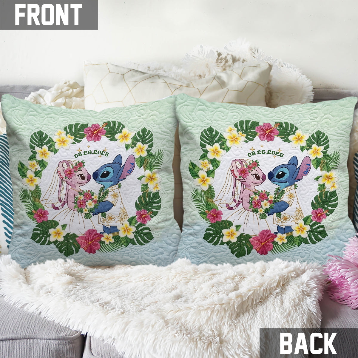 Adorable Blue & Pink Alien Couple - Personalized Ohana Throw Pillow