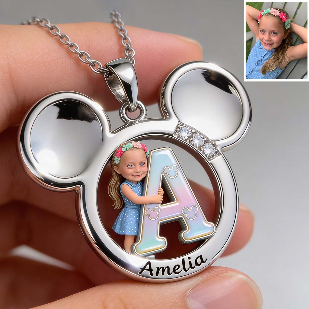 Big Ears Mouse Shape - Custom From Photo & Alphabet - Personalized Mouse Shaped Metal Pendant Necklace