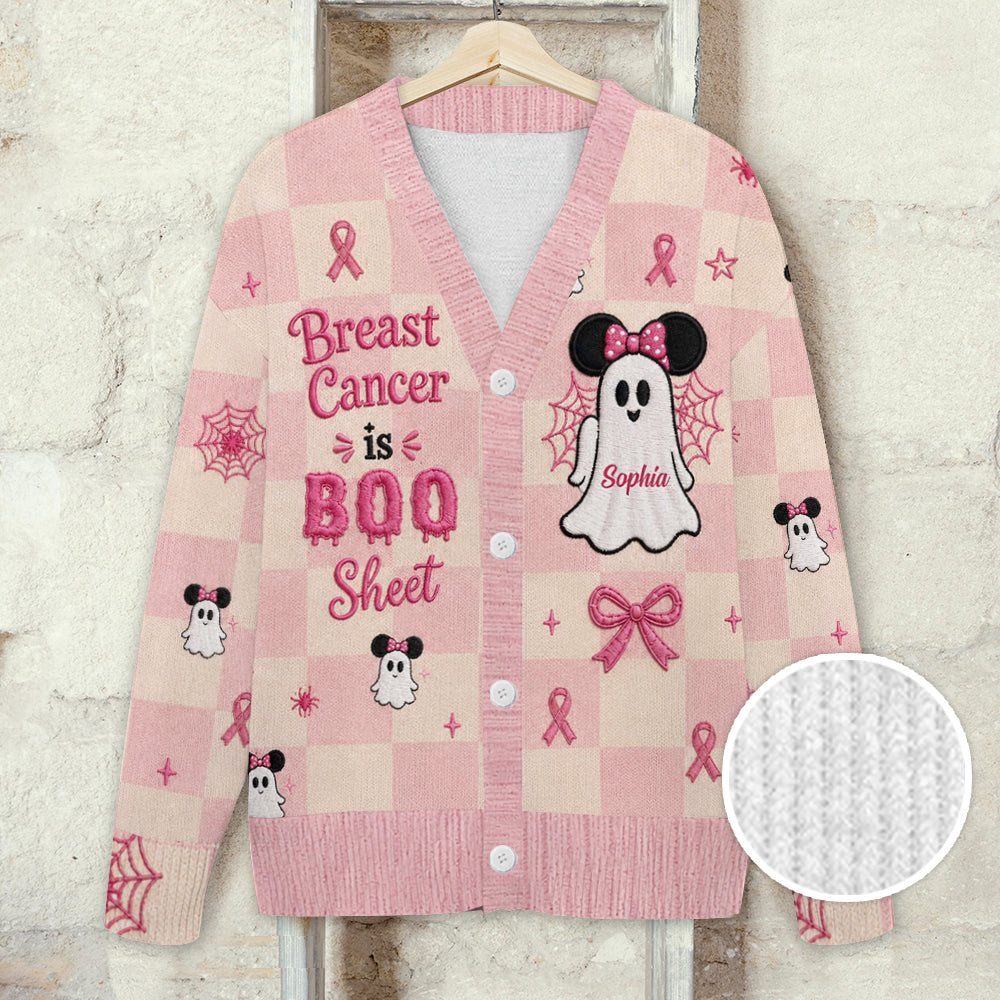Breast Cancer Is Boo Sheet - Personalized Breast Cancer Awareness Cardigan Sweater