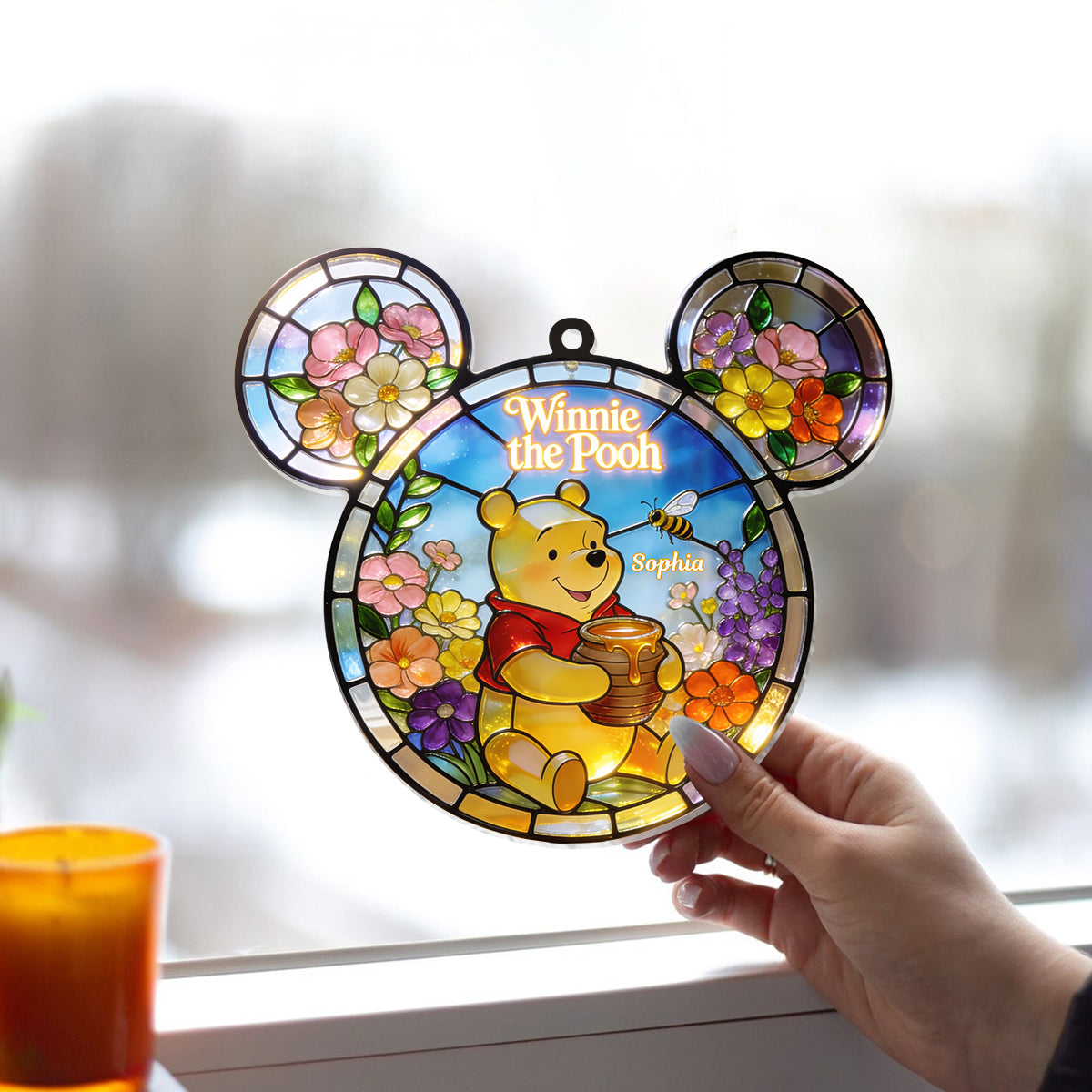 Whispers of Honey & Wildflowers - Personalized Yellow Bear Window Hanging Suncatcher Ornament