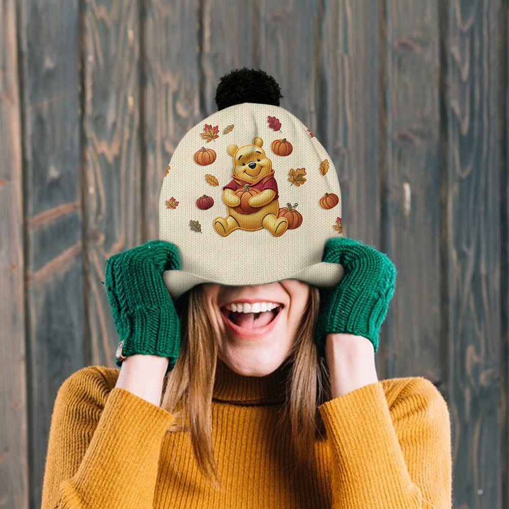 Happy Autumn - Personalized Yellow Bear Beanie Hat & Knitted Mittens