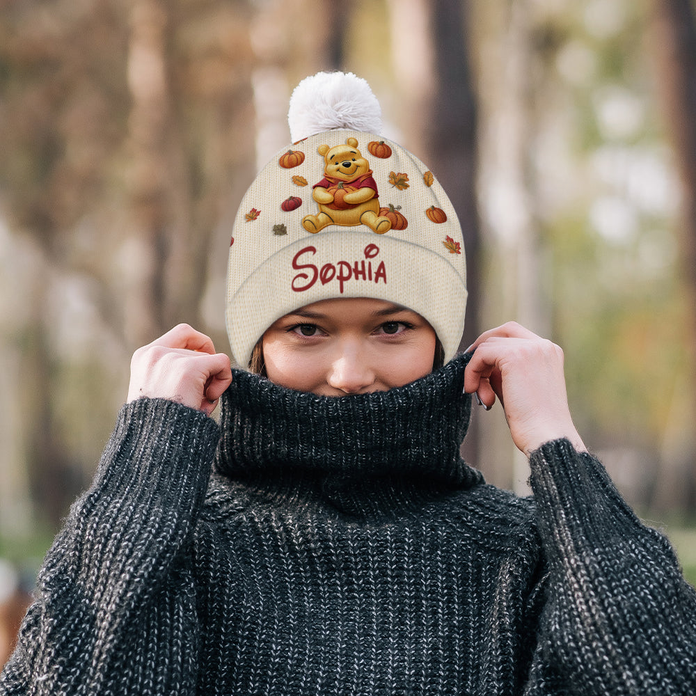 Happy Autumn - Personalized Yellow Bear Beanie Hat & Knitted Mittens
