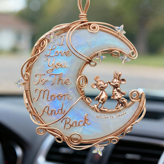 I Love You To The Moon And Back, Moonstone Styled Mouse Couple - Personalized Mouse Car Ornament