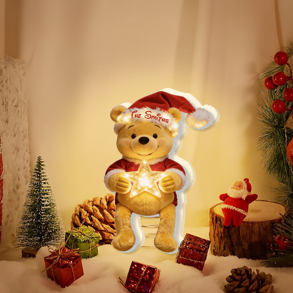 Merry Christmas - Personalized Yellow Bear LED Light Tree Topper