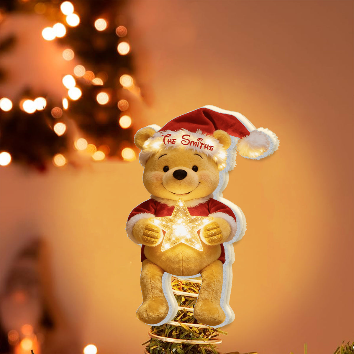 Merry Christmas - Personalized Yellow Bear LED Light Tree Topper
