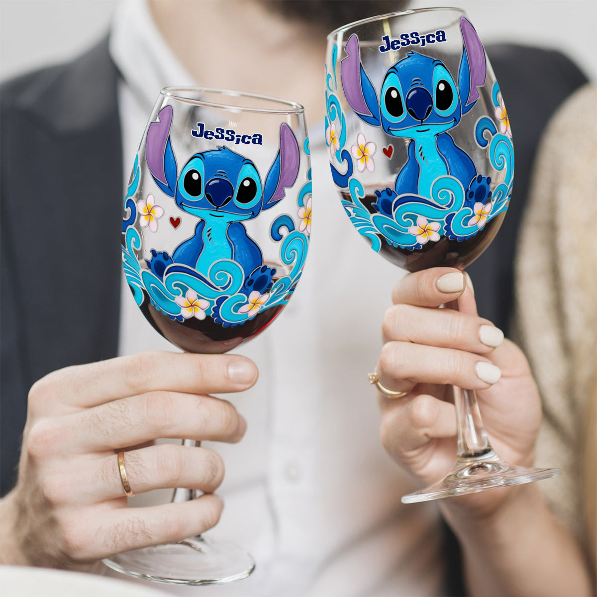 Cute Blue Monster - Personalized Ohana Wine Glass With Long Stem