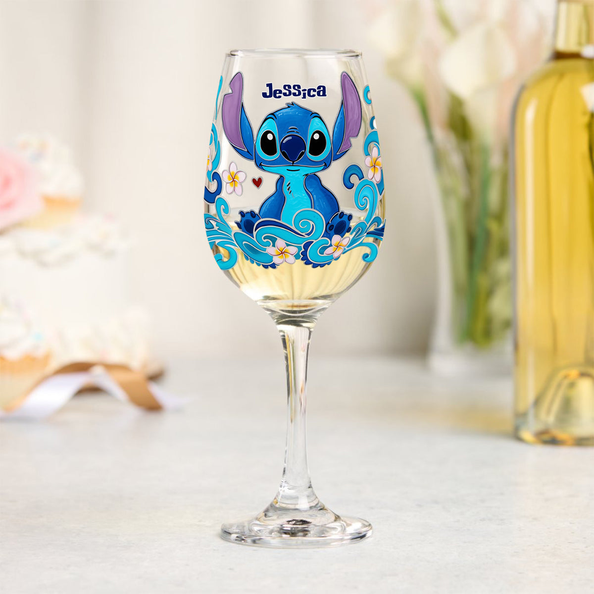Cute Blue Monster - Personalized Ohana Wine Glass With Long Stem
