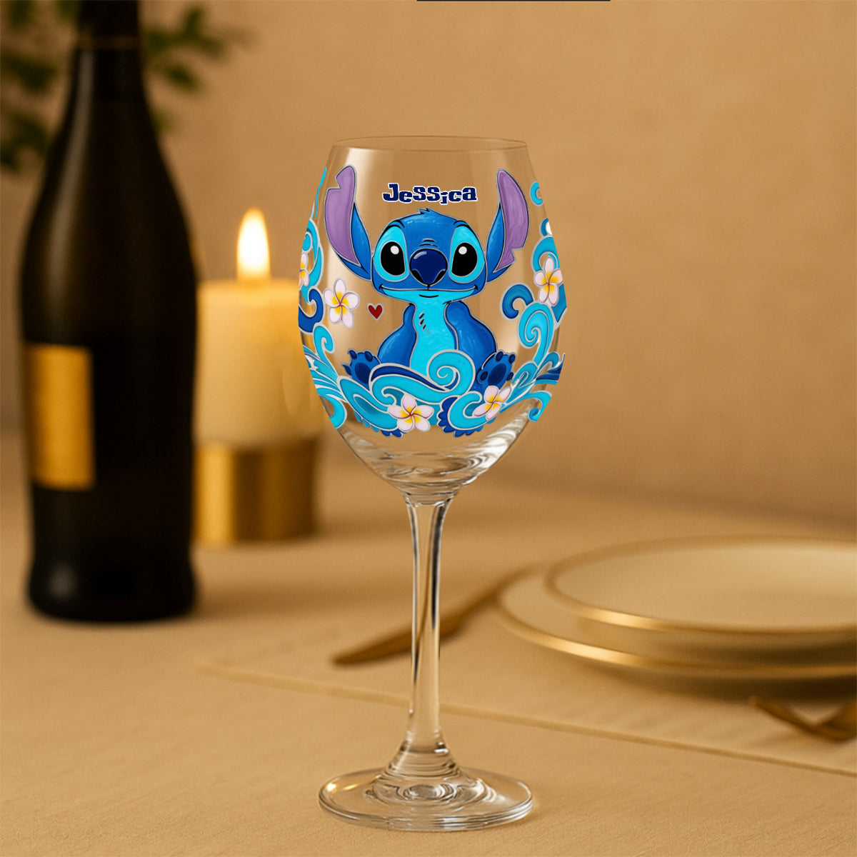 Cute Blue Monster - Personalized Ohana Wine Glass With Long Stem