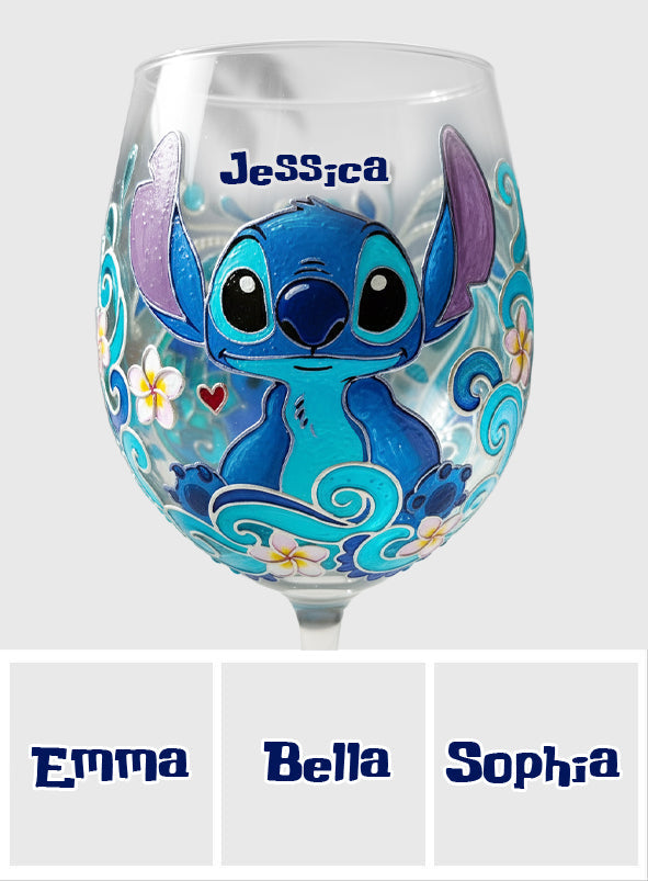 Cute Blue Monster - Personalized Ohana Wine Glass With Long Stem