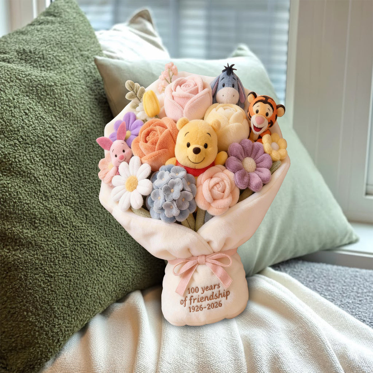 100 Years Of Friendship Bouquet - Personalized Yellow Bear Faux Fur Shaped Pillow