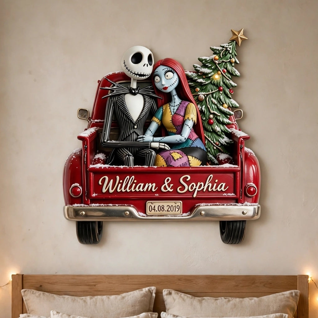 Nightmare Couple Red Christmas Truck - Personalized Nightmare 3D Printed Cut Metal Sign