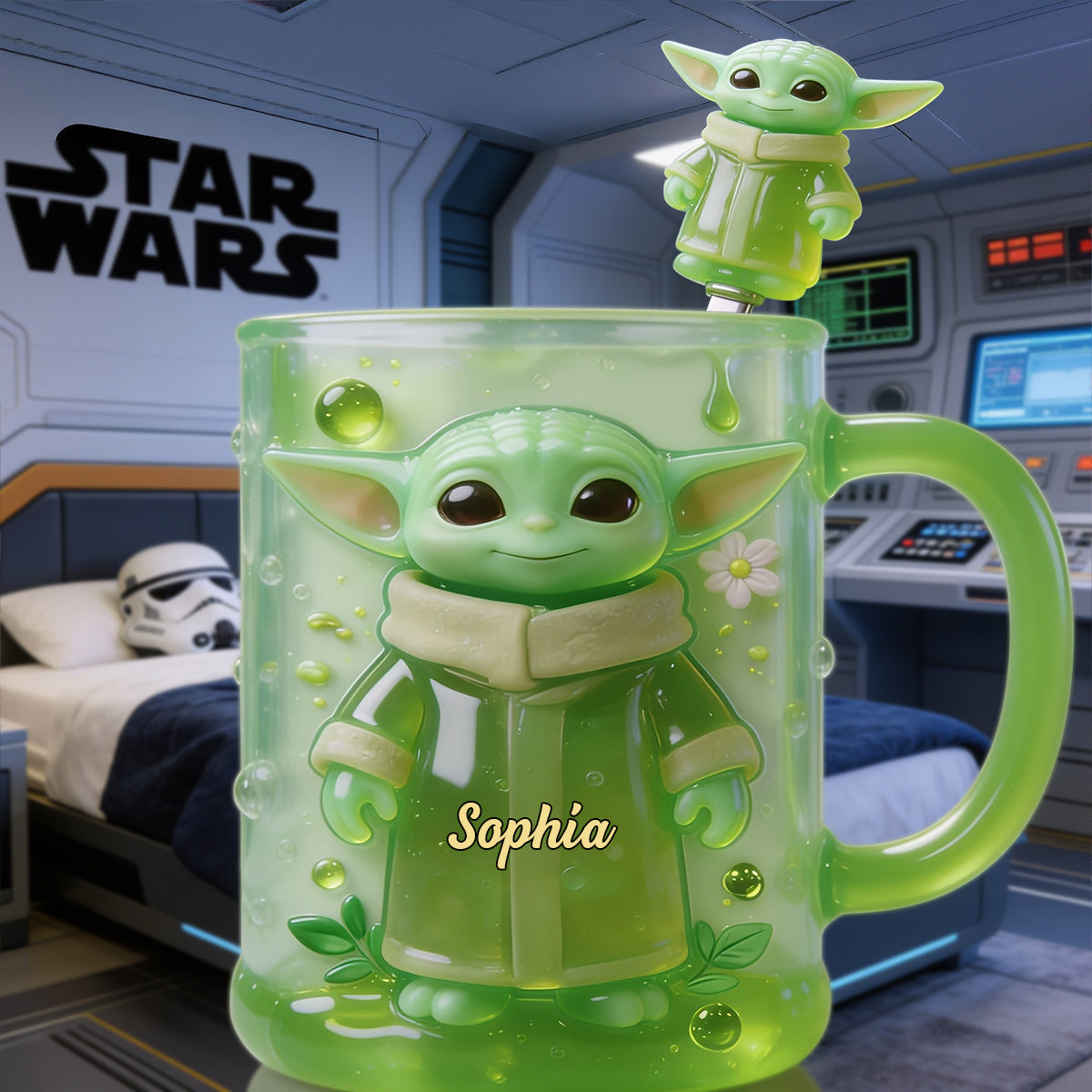Green Ailen - Personalized The Force Set Accent Mug with Acrylic Stirrers