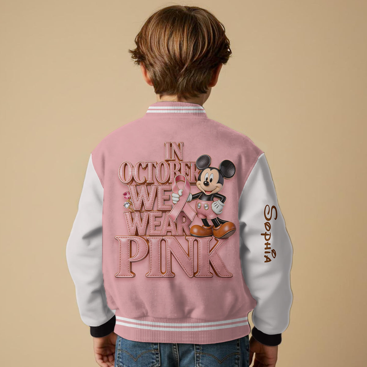 In October We Wear Pink - Personalized Breast Cancer Awareness Varsity Jacket
