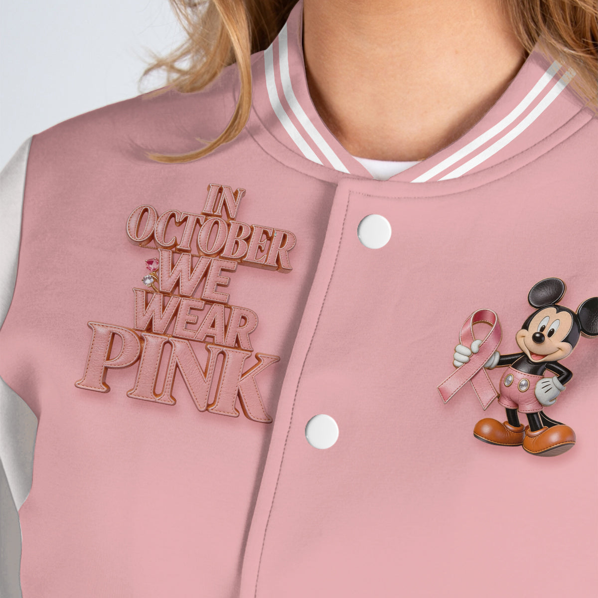 In October We Wear Pink - Personalized Breast Cancer Awareness Varsity Jacket