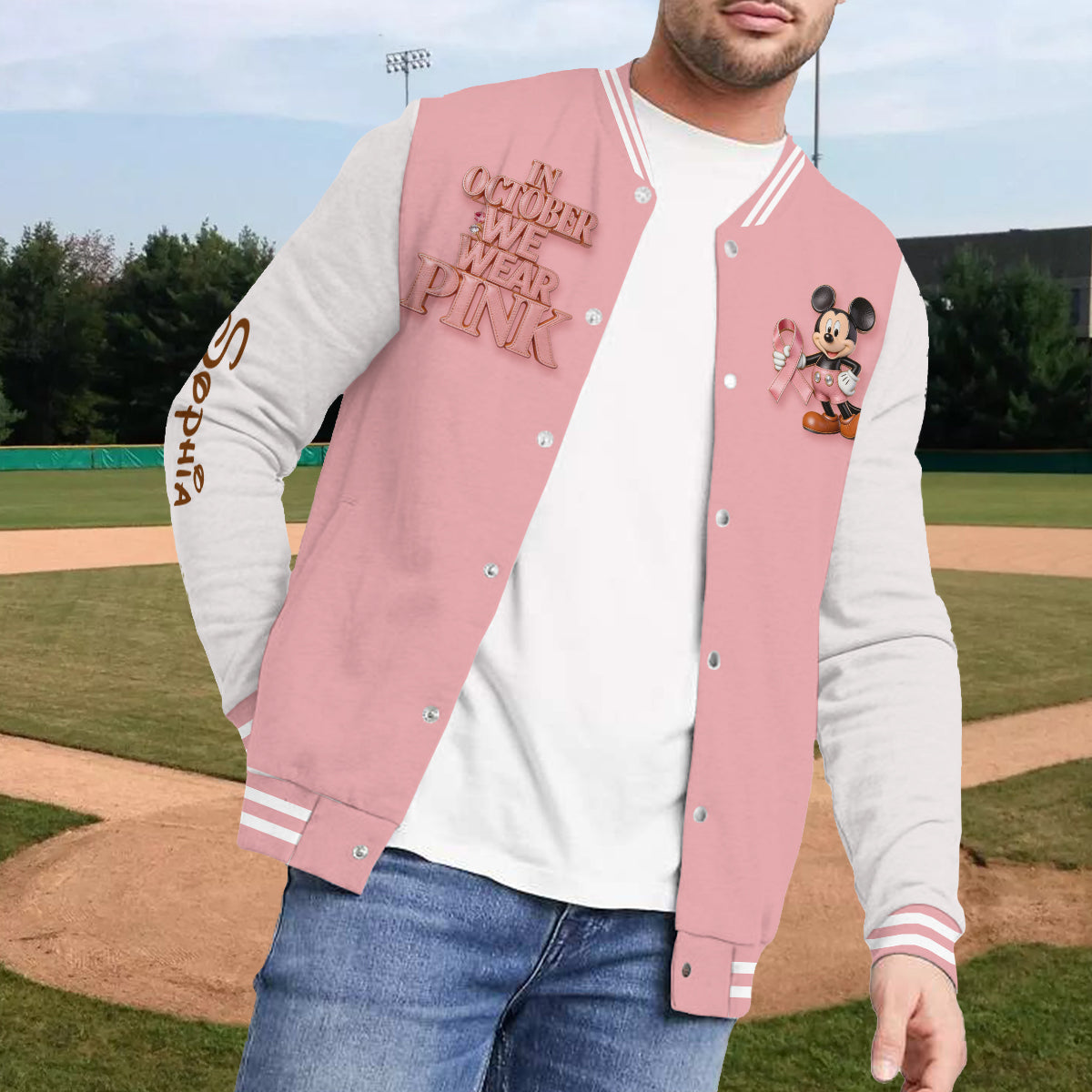 In October We Wear Pink - Personalized Breast Cancer Awareness Varsity Jacket