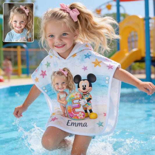 Custom Any Photo Holding Letter - Personalized Mouse Kid Hooded Towel Poncho