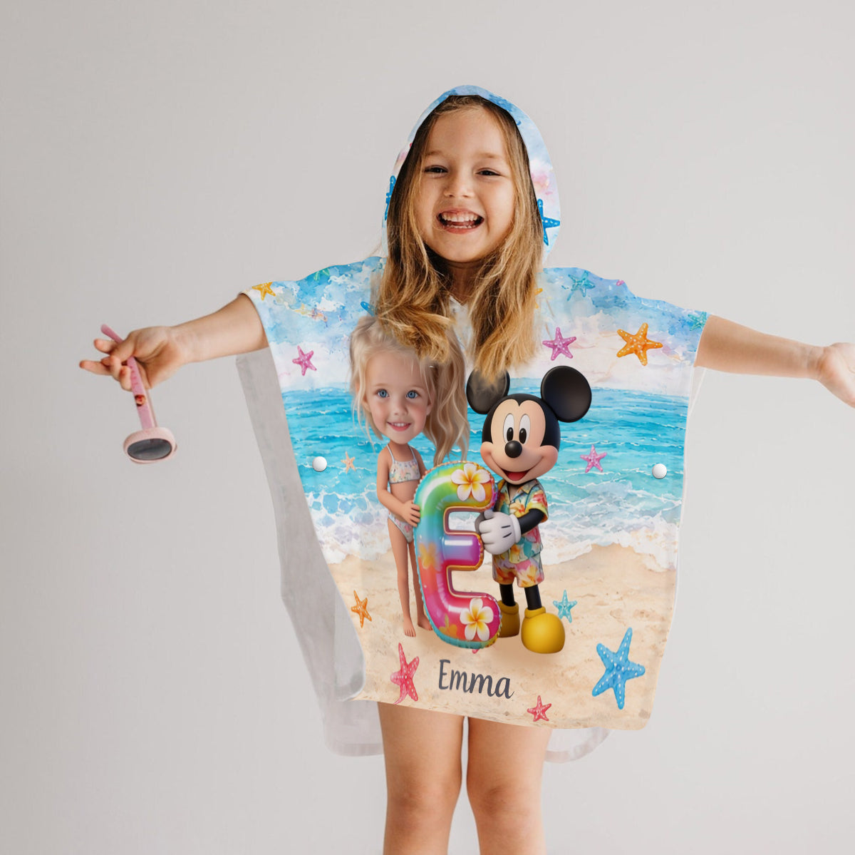 Custom Any Photo Holding Letter - Personalized Mouse Kid Hooded Towel Poncho