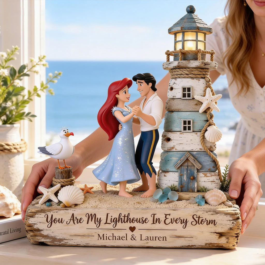 You Are My Lighthouse In Every Storm, Couple Mermaid Princess & Human Prince - Personalized The Little Mermaid Custom Shaped Wood Plaque