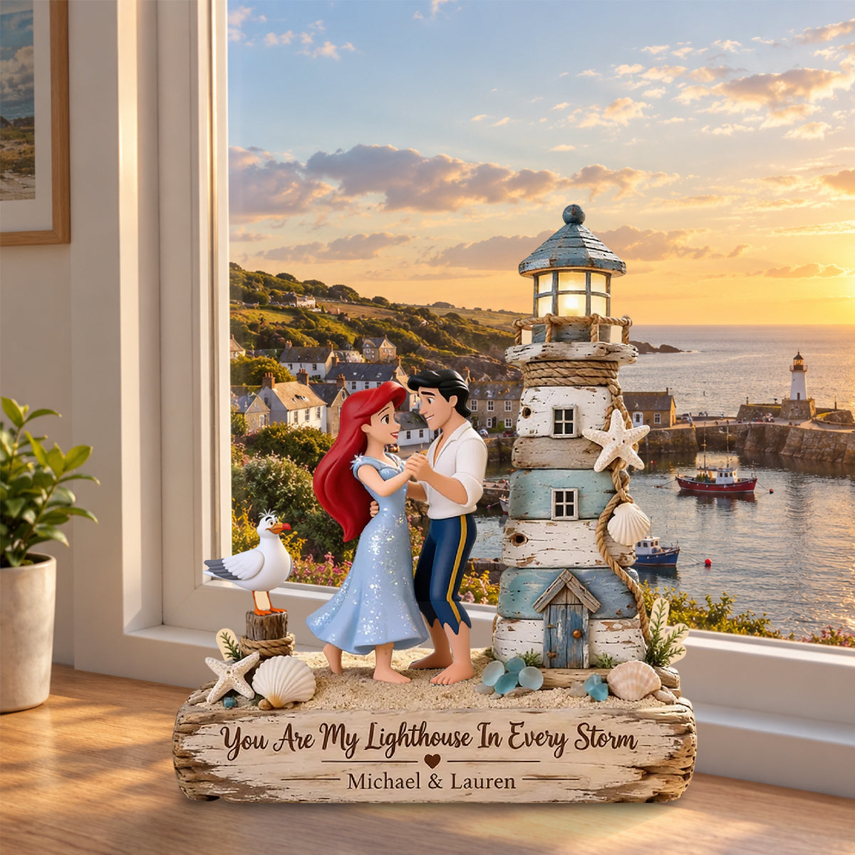 You Are My Lighthouse In Every Storm, Couple Mermaid Princess & Human Prince - Personalized The Little Mermaid Custom Shaped Wood Plaque