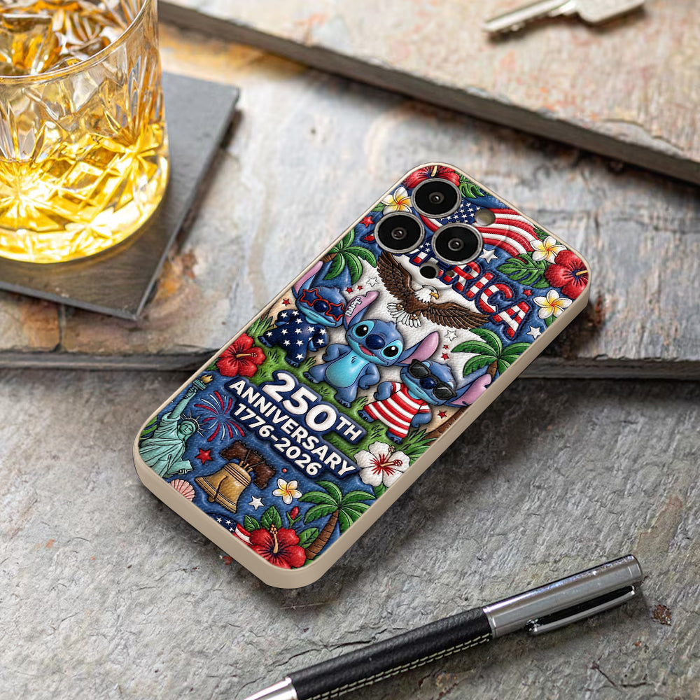 Cute Blue Alien USA 250th Anniversary - Personalized Ohana 3D Embossed Leather Phone Case