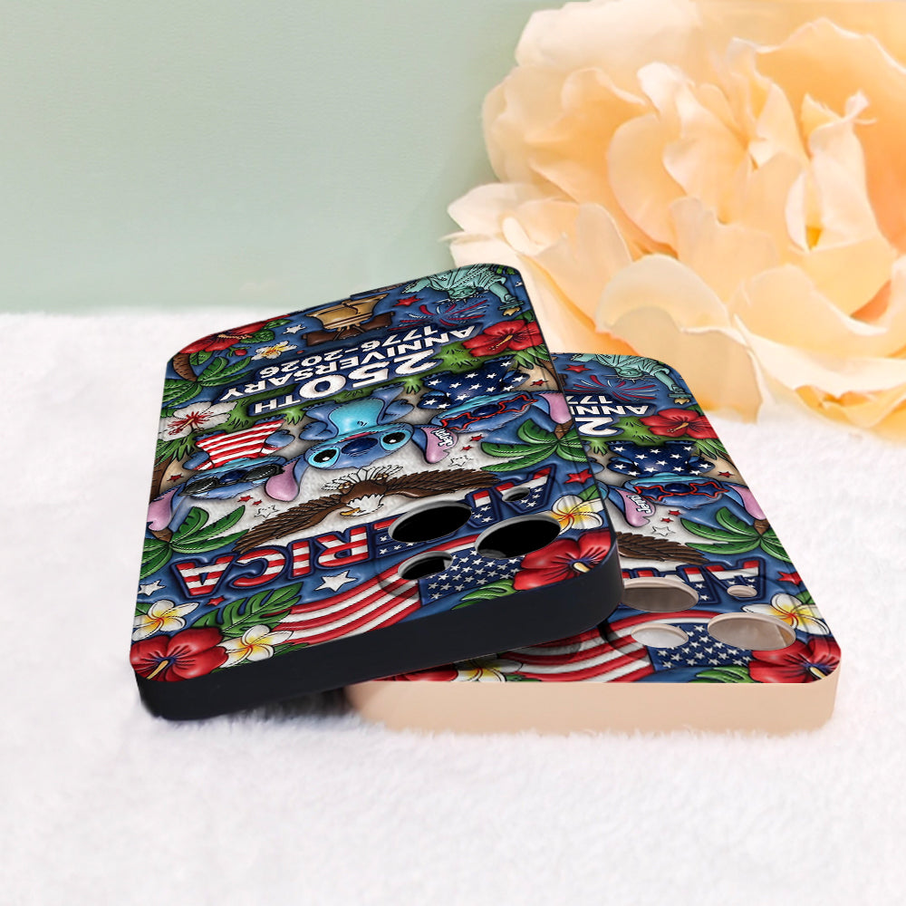 Cute Blue Alien USA 250th Anniversary - Personalized Ohana 3D Embossed Leather Phone Case