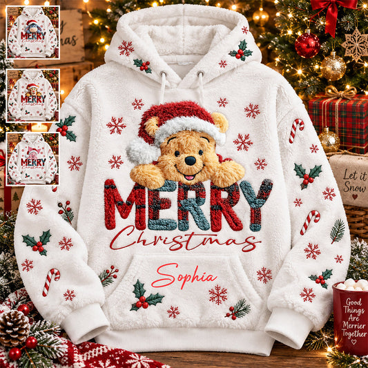 Merry Christmas - Personalized Yellow Bear Fleece Hoodie