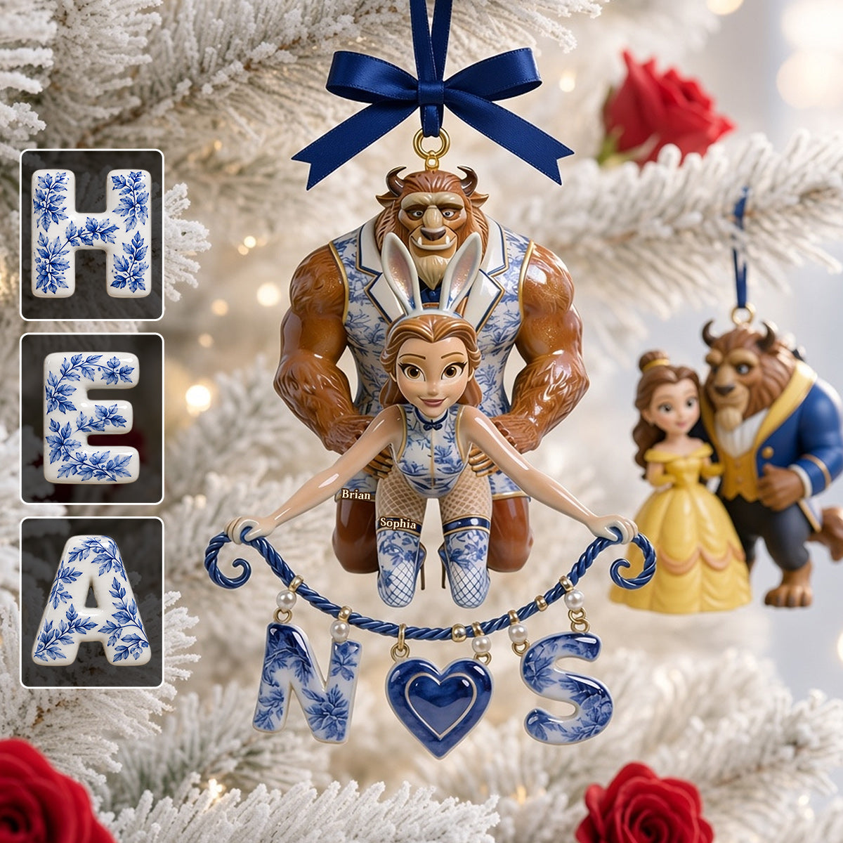 Naughty Fairytale Couple Toile de Jouy - Personalized Beauty And The Beast Ornament With Charm