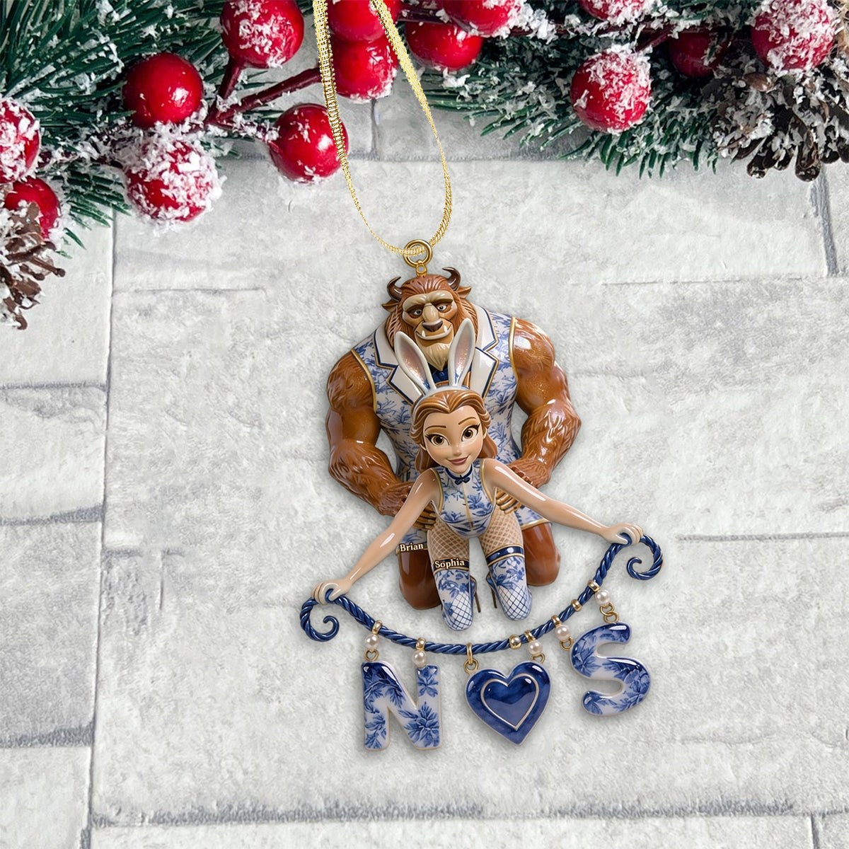 Naughty Fairytale Couple Toile de Jouy - Personalized Beauty And The Beast Ornament With Charm