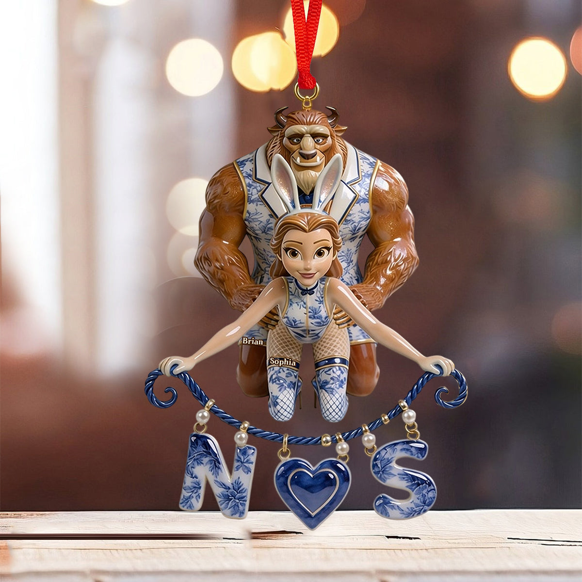 Naughty Fairytale Couple Toile de Jouy - Personalized Beauty And The Beast Ornament With Charm