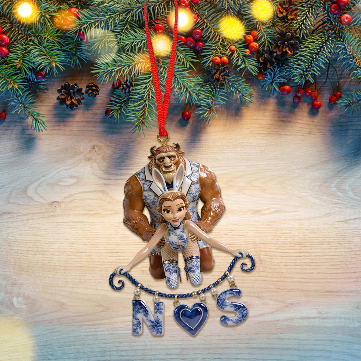 Naughty Fairytale Couple Toile de Jouy - Personalized Beauty And The Beast Ornament With Charm