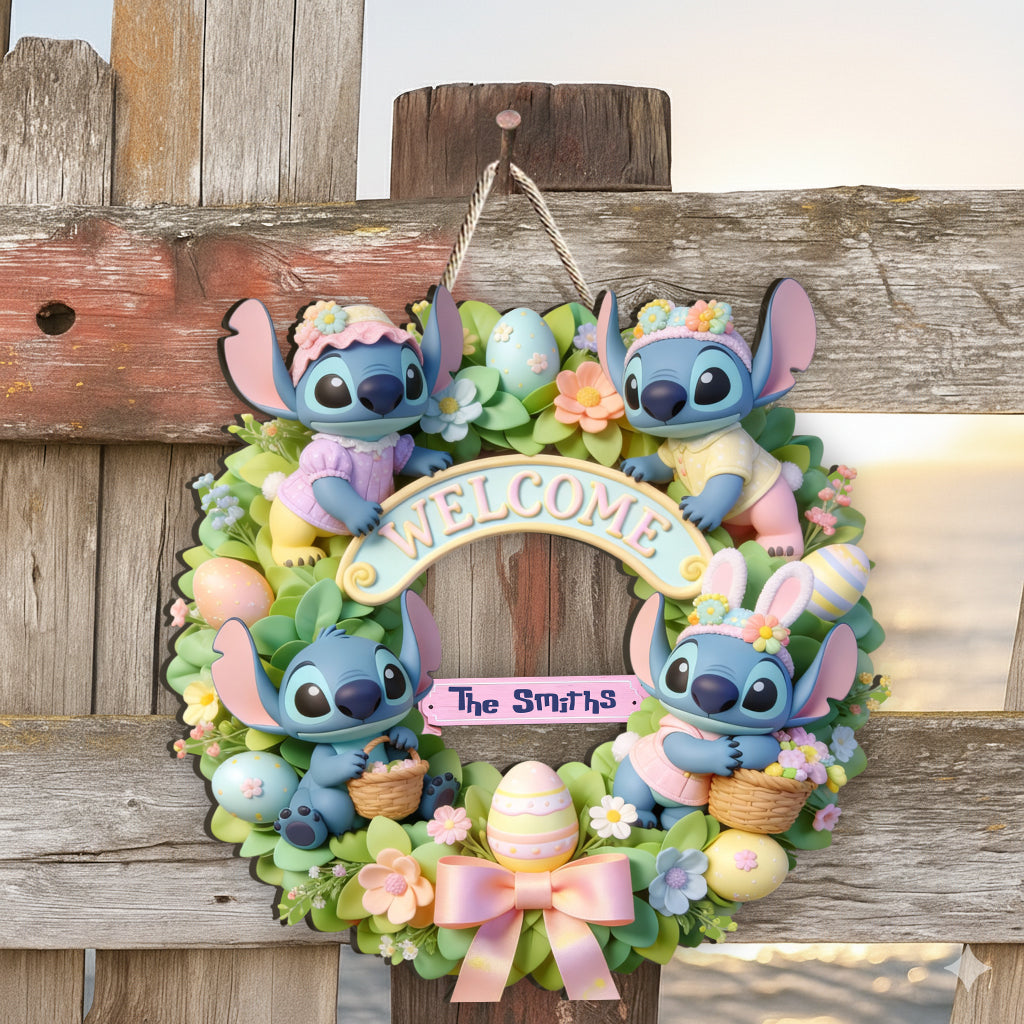 Easter Blue Monster - Personalized Ohana Custom Shaped Wood Sign