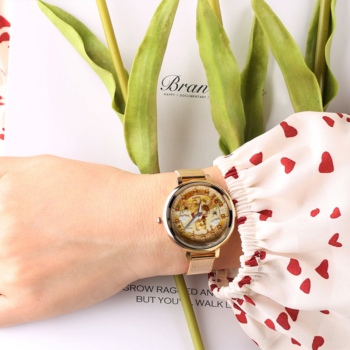 Honey Bear Clock - Personalized Yellow Bear Women Hand Watch