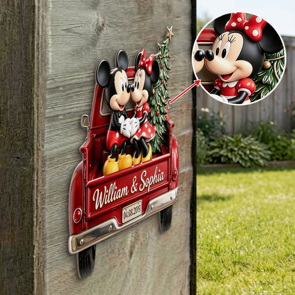Magic Mouse Couple Red Christmas Truck - Personalized Mouse 3D Printed Cut Metal Sign