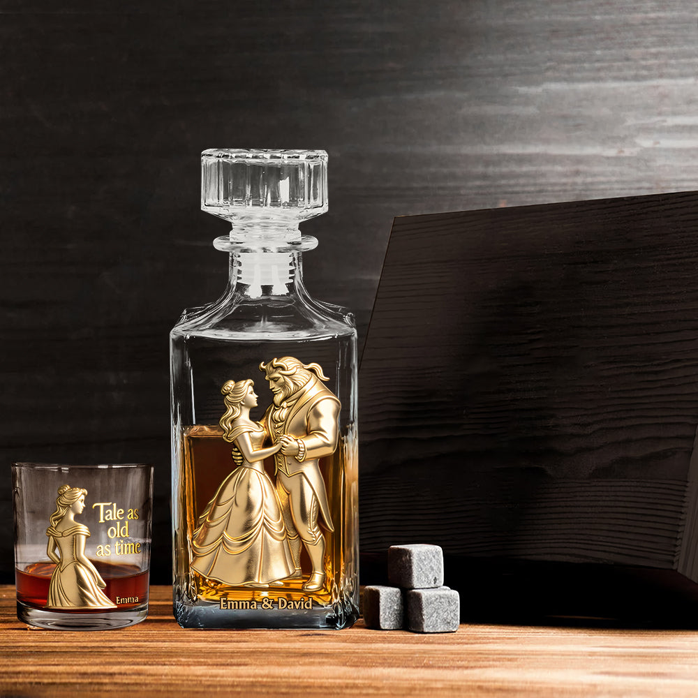 Fairy Tale Romantic Tale As Old As Time - Personalized Beauty And The Beast Whiskey Decanter Set