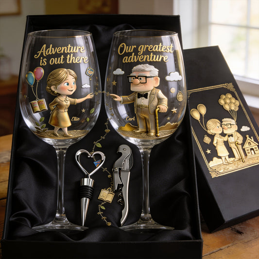 Our Greatest Adventure - Personalized Up Movie Couple Wine Glasses Set With Wooden Box