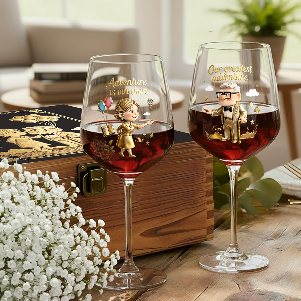 Our Greatest Adventure - Personalized Up Movie Couple Wine Glasses Set With Wooden Box
