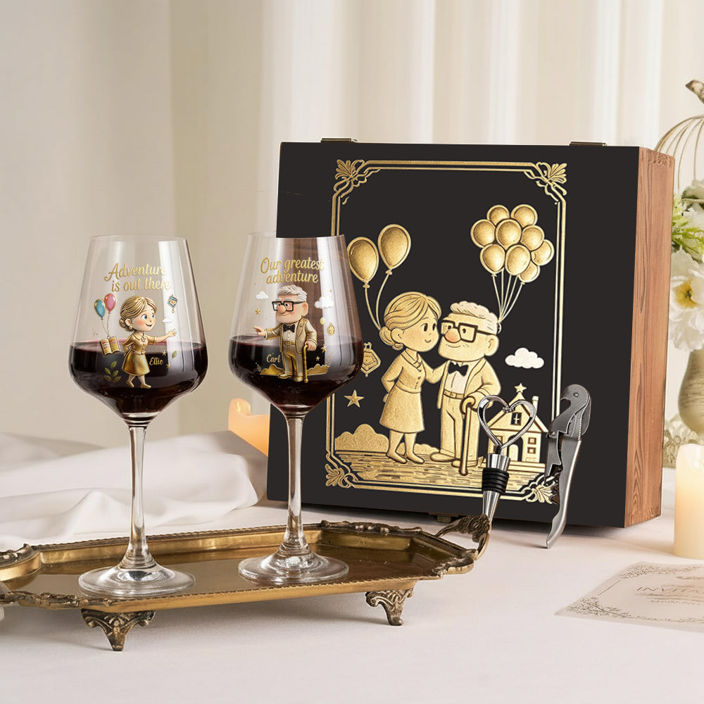 Our Greatest Adventure - Personalized Up Movie Couple Wine Glasses Set With Wooden Box