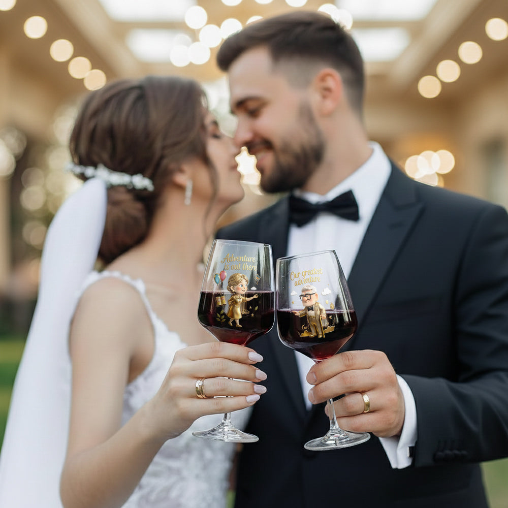 Our Greatest Adventure - Personalized Up Movie Couple Wine Glasses Set With Wooden Box