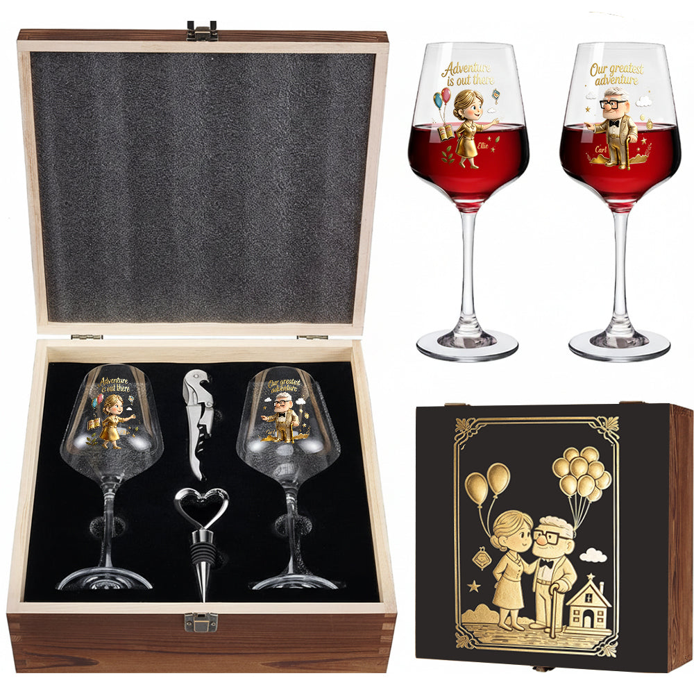 Our Greatest Adventure - Personalized Up Movie Couple Wine Glasses Set With Wooden Box