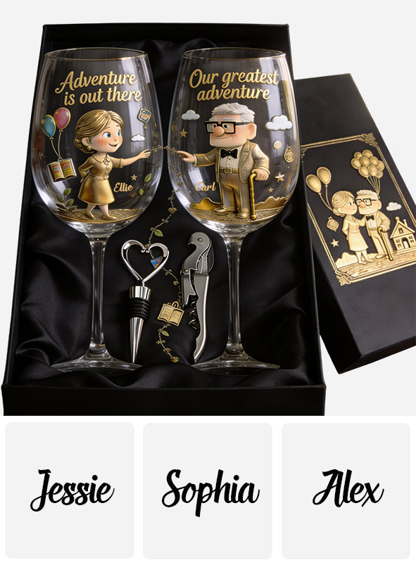 Our Greatest Adventure - Personalized Up Movie Couple Wine Glasses Set With Wooden Box